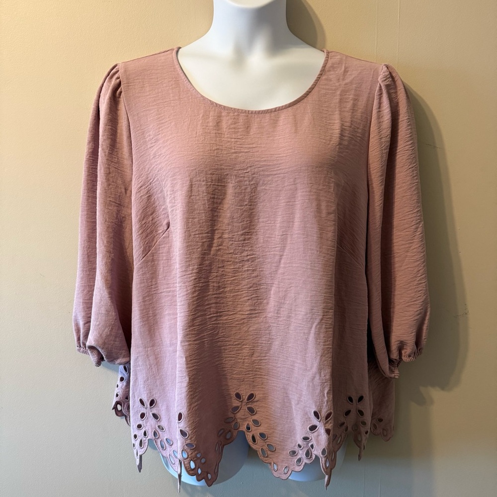 Adrianna Pappel Pink Blush Scalloped Edge Blouse Top Plus Size 3/4 Sleeve-2X